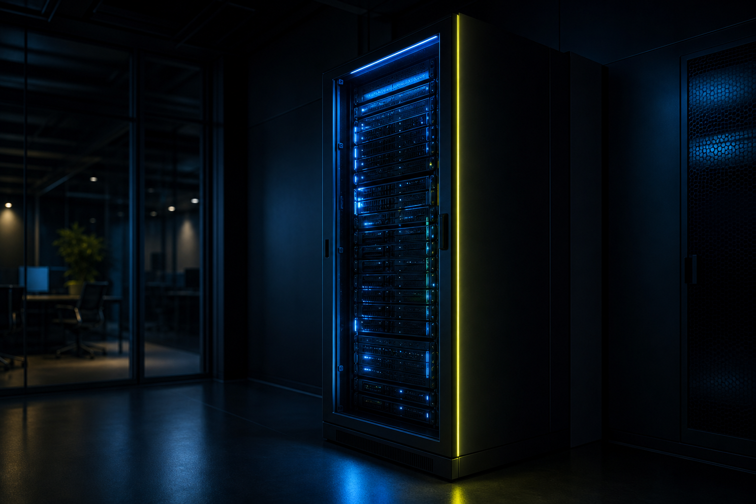 Server rack in a dark data room — SAM7 hero visual for data ownership.