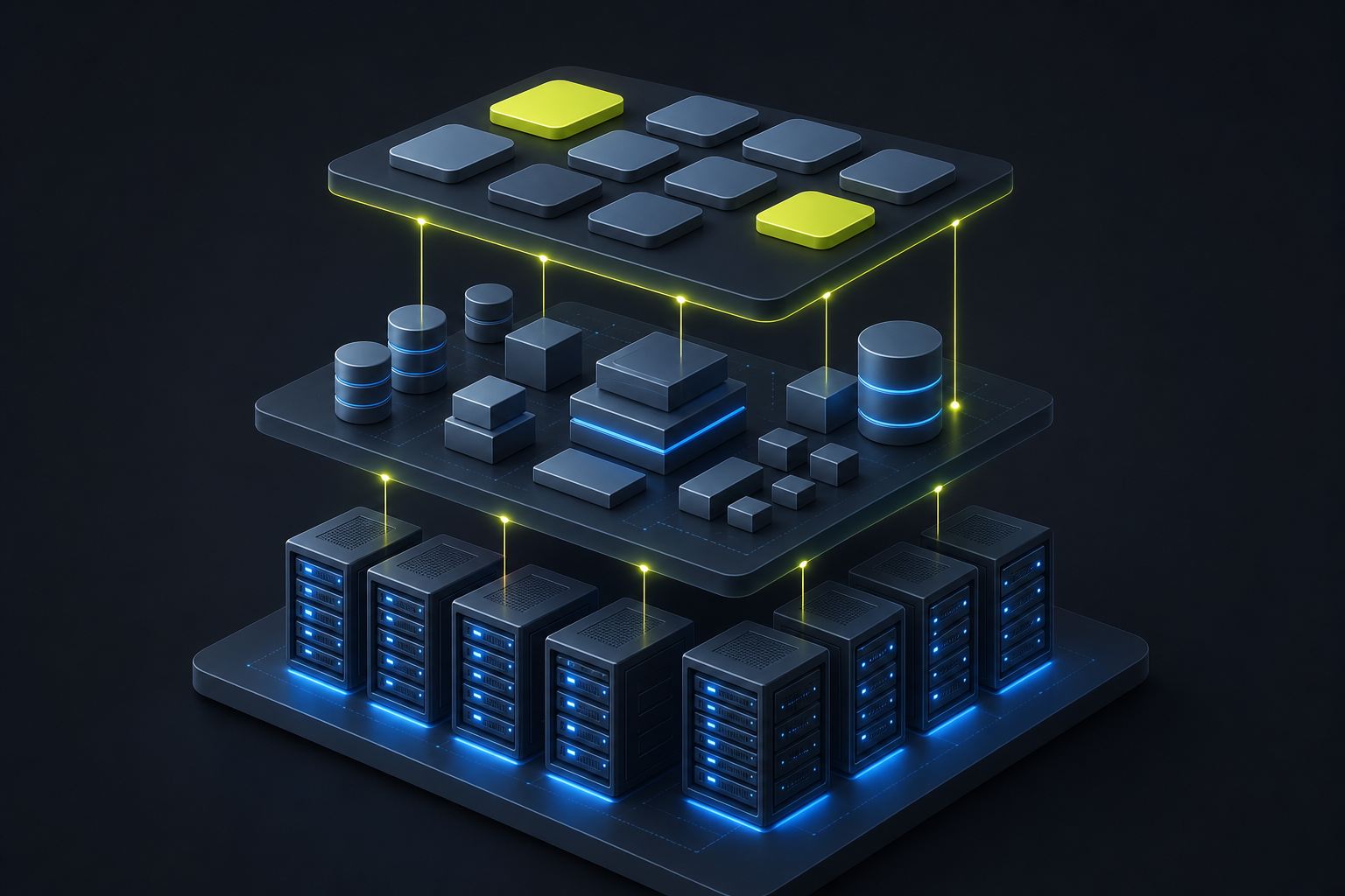 Layered stack diagram — hardware, data, and applications connected.